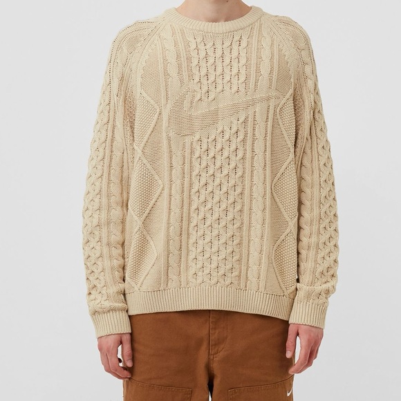 NIKE Wool Blend Cable Knit Chunky Sweater Mens S Cream / Light Beige - Picture 2 of 12